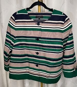 Talbots Striped Cotton Twill Button Up Blazer, Fully Lined, Size 14